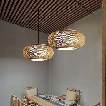 LITFAD Antique Lantern Pendant Lighting Rattan 1 Light Weaving Natural Wooden Ceiling Hanging Light Beige Bamboo Ceiling Fixture with Adjustable Cord for Dining Room Living Room Restaurant - 19.8"