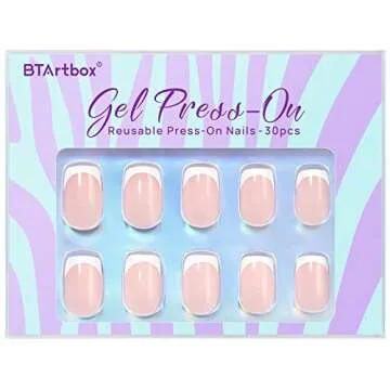 BTArtbox French Tip Press on Nails - Gel Press on Nails Short, No Fade Out Fake Nails with Nail Glue, Seamless Fit Glue on Nails in 15 Sizes Nail Kit for Valentine's Day Gift, Classic White