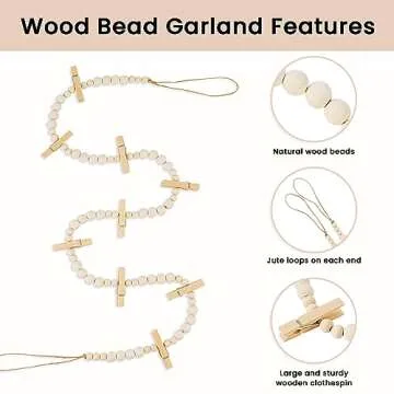 KLOGTSIND Hanging Photo Display Wall Decor, 3PCS Boho Wooden Bead Garland Collage Picture Frame with 9 Wood Clips for Bedroom, Living Room, Office, Dorm Decor, Photos Holder Teen Girl Gifts