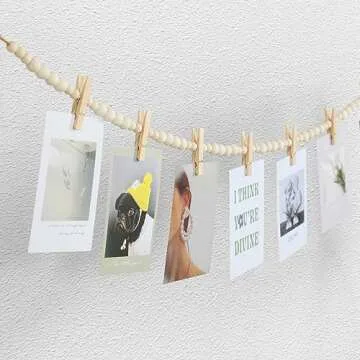 KLOGTSIND Hanging Photo Display Wall Decor, 3PCS Boho Wooden Bead Garland Collage Picture Frame with 9 Wood Clips for Bedroom, Living Room, Office, Dorm Decor, Photos Holder Teen Girl Gifts