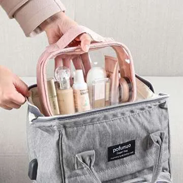 PACKISM TSA Approved Toiletry Bag, 3 Pack Clear Makeup Bags with Handle Large Opening Fit Carry-on Travel Essentials, Quart-sized for Toiletries, Rose Pink