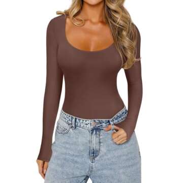 REORIA Womens Basic Sexy Scoop Neck Long Sleeve Leotards Fashion Fall Outfits Double Lined Layering ...