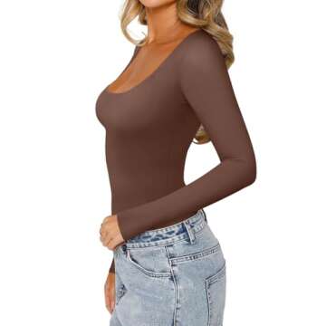 REORIA Womens Basic Sexy Scoop Neck Long Sleeve Leotards Fashion Fall Outfits Double Lined Layering Slim Soft Bodysuits Tops Coffee Small