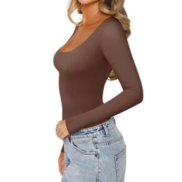 REORIA Womens Basic Sexy Scoop Neck Long Sleeve Leotards Fashion Fall Outfits Double Lined Layering Slim Soft Bodysuits Tops Coffee Small