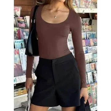 REORIA Womens Basic Sexy Scoop Neck Long Sleeve Leotards Fashion Fall Outfits Double Lined Layering Slim Soft Bodysuits Tops Coffee Small