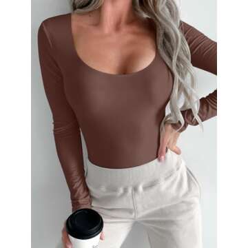 REORIA Womens Basic Sexy Scoop Neck Long Sleeve Leotards Fashion Fall Outfits Double Lined Layering Slim Soft Bodysuits Tops Coffee Small