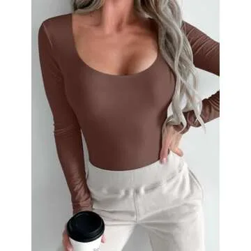 REORIA Womens Basic Sexy Scoop Neck Long Sleeve Leotards Fashion Fall Outfits Double Lined Layering Slim Soft Bodysuits Tops Coffee Small