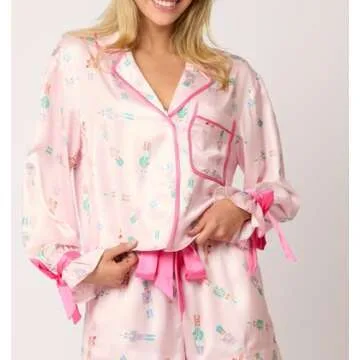 Luckinbaby Women Christmas 2 Piece Pajamas Set Bow Tie Long Sleeve Shirts Ruffle Pants Nutcracker Loungewear Set (Tie Light Pink,Medium)