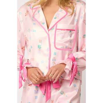 Luckinbaby Women Christmas 2 Piece Pajamas Set Bow Tie Long Sleeve Shirts Ruffle Pants Nutcracker Loungewear Set (Tie Light Pink,Medium)