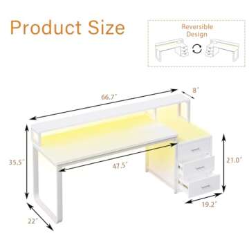 HOMBCK 67” White Desk with 3 Drawers and Storage, Reversible White Office Desk Computer Desk with ...