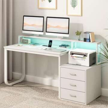 HOMBCK 67” White Desk with 3 Drawers and Storage, Reversible White Office Desk Computer Desk with Monitor Stand, Home Office Desk with LED Strips and Printer Standfor Bedroom