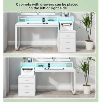 HOMBCK 67” White Desk with 3 Drawers and Storage, Reversible White Office Desk Computer Desk with Monitor Stand, Home Office Desk with LED Strips and Printer Standfor Bedroom