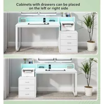 HOMBCK 67” White Desk with 3 Drawers and Storage, Reversible White Office Desk Computer Desk with Monitor Stand, Home Office Desk with LED Strips and Printer Standfor Bedroom