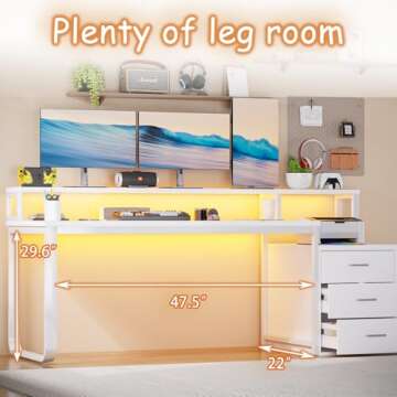 HOMBCK 67” White Desk with 3 Drawers and Storage, Reversible White Office Desk Computer Desk with Monitor Stand, Home Office Desk with LED Strips and Printer Standfor Bedroom