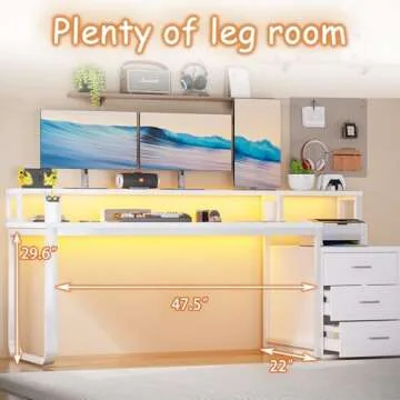 HOMBCK 67” White Desk with 3 Drawers and Storage, Reversible White Office Desk Computer Desk with Monitor Stand, Home Office Desk with LED Strips and Printer Standfor Bedroom