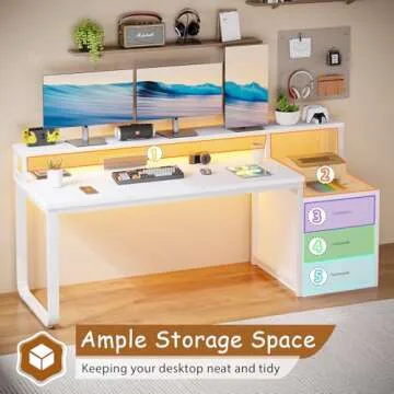 HOMBCK 67” White Desk with 3 Drawers and Storage, Reversible White Office Desk Computer Desk with Monitor Stand, Home Office Desk with LED Strips and Printer Standfor Bedroom