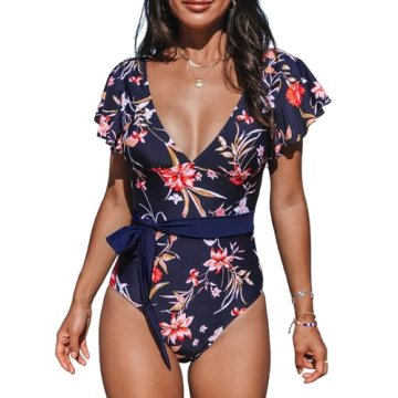CUPSHE Women V Neck Ruffle One Piece Swimsuit Tropical Floral Print Bathing Suit with Removed Waist ...