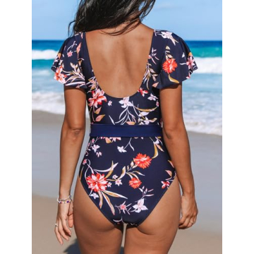 CUPSHE Tropical Floral Print One Piece Swimsuit V Neck Ruffle