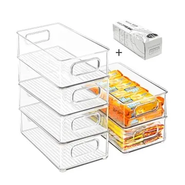 Stackable Refrigerator Organizer Bins, 6 Pack Clear Kitchen Organizer Container Bins with Handles an...