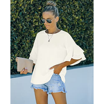 Luvamia Women's Beige Tiered Bell Sleeve Blouse Size S