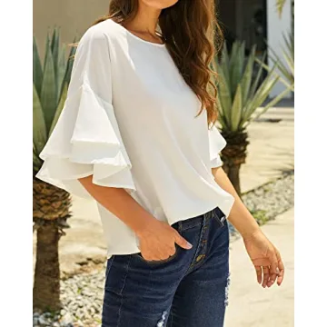 Luvamia Women's Beige Tiered Bell Sleeve Blouse Size S