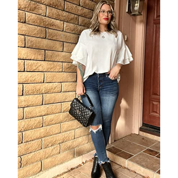 Luvamia Women's Beige Tiered Bell Sleeve Blouse Size S