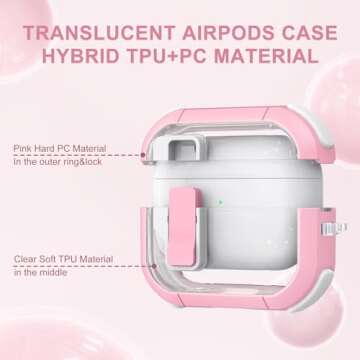 Clear Case for AirPods Pro 2nd/1st Generation Case, Secure Lock Case for Apple Airpod Pro 2&1 Gen Case Cover with Silicone Wrist Strap Cute Candy Keychain for Women,Pink