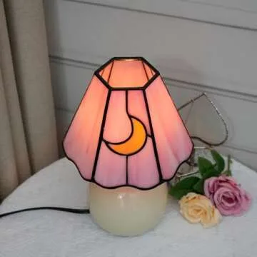 KIPHEPI Mushroom Lamp Stained Glass Lamp Moon Lamp Bedside Table Lamp Night Lamps Tiffany Lamp Pink Cute Small Nightstand Desk Lamp for Home Decor Study Living Bedroom Gift, Included E26 Bulb