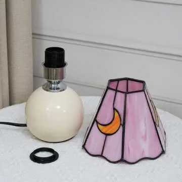 KIPHEPI Mushroom Lamp Stained Glass Lamp Moon Lamp Bedside Table Lamp Night Lamps Tiffany Lamp Pink Cute Small Nightstand Desk Lamp for Home Decor Study Living Bedroom Gift, Included E26 Bulb