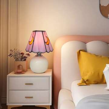 KIPHEPI Mushroom Lamp Stained Glass Lamp Moon Lamp Bedside Table Lamp Night Lamps Tiffany Lamp Pink Cute Small Nightstand Desk Lamp for Home Decor Study Living Bedroom Gift, Included E26 Bulb