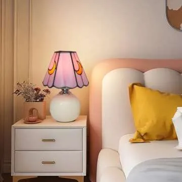 KIPHEPI Mushroom Lamp Stained Glass Lamp Moon Lamp Bedside Table Lamp Night Lamps Tiffany Lamp Pink Cute Small Nightstand Desk Lamp for Home Decor Study Living Bedroom Gift, Included E26 Bulb