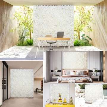 Silk Flower Wall Panels Backdrop 15 * 15inch- 12Pcs Wedding Wall DIY 3D Floral Panels Handmade Fake Flower Screen for Photo Photography Party Event Baby Shower Wall Background Décor-White