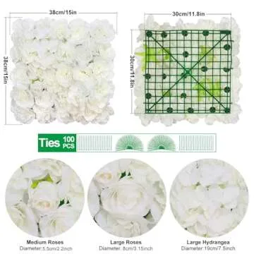 Silk Flower Wall Panels Backdrop 15 * 15inch- 12Pcs Wedding Wall DIY 3D Floral Panels Handmade Fake Flower Screen for Photo Photography Party Event Baby Shower Wall Background Décor-White