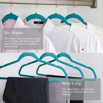 MIZGI Premium Velvet Hangers (50 Pack) Heavy Duty - Non Slip Felt Suit Hangers Teal/Turquoise - Rose Gold Hooks,Space Saving Clothes Hangers