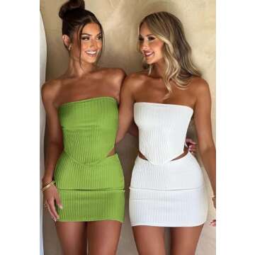 CHYRII Womens Sexy Summer Two Piece Outfits Bandeau Going Out Crop Tops Bodycon Skirt Sets Mini Dress White XS