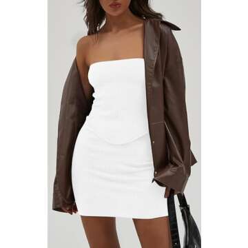 CHYRII Womens Sexy Summer Two Piece Outfits Bandeau Going Out Crop Tops Bodycon Skirt Sets Mini Dress White XS