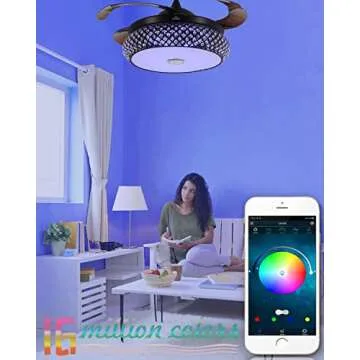BAYSQUIRREL Retractable Ceiling Fan with Light and Bluetooth Speaker, Silent Motor Bluetooth Fan Chandelier with Remote Control 7 Changing Color 36W 42 inch