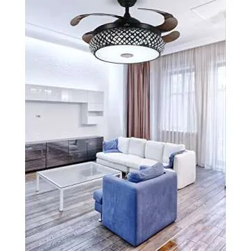 BAYSQUIRREL Retractable Ceiling Fan with Light and Bluetooth Speaker, Silent Motor Bluetooth Fan Chandelier with Remote Control 7 Changing Color 36W 42 inch