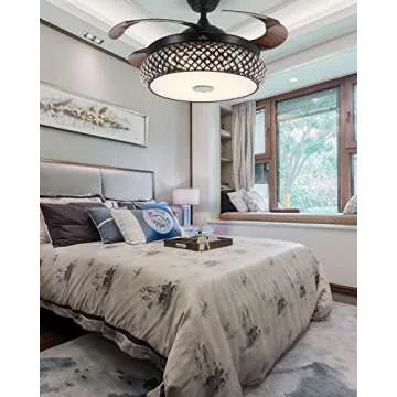 BAYSQUIRREL Retractable Ceiling Fan with Light and Bluetooth Speaker, Silent Motor Bluetooth Fan Chandelier with Remote Control 7 Changing Color 36W 42 inch