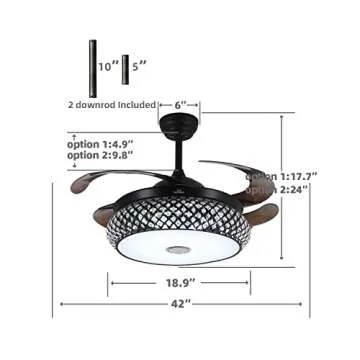 BAYSQUIRREL Retractable Ceiling Fan with Light and Bluetooth Speaker, Silent Motor Bluetooth Fan Chandelier with Remote Control 7 Changing Color 36W 42 inch