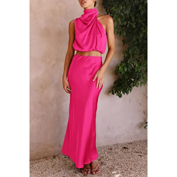 PRETTYGARDEN Women's 2 Piece Satin Outfits Summer Sleeveless Mock Neck Crop Tops and Long Skirt Dress Sets (Rose Red,Large)