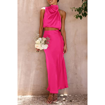 PRETTYGARDEN Women's 2 Piece Satin Outfits Summer Sleeveless Mock Neck Crop Tops and Long Skirt Dress Sets (Rose Red,Large)