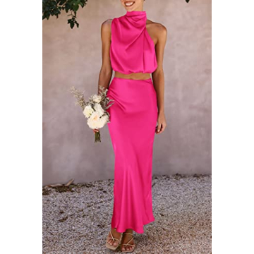 PRETTYGARDEN Women's 2 Piece Satin Outfits Summer Sleeveless Mock Neck Crop Tops and Long Skirt Dress Sets (Rose Red,Large)