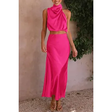 PRETTYGARDEN Women's 2 Piece Satin Outfits Summer Sleeveless Mock Neck Crop Tops and Long Skirt Dress Sets (Rose Red,Large)