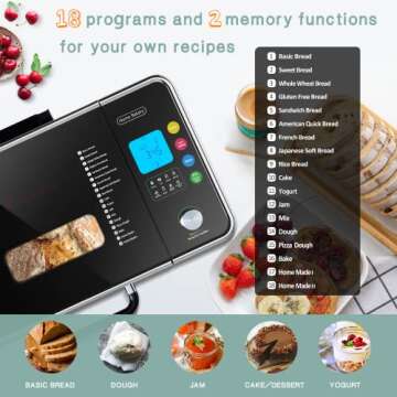 Kalamera 2LB Bread Machine, Black Stainless Steel Bread Maker with Nonstick Pan, Full Touch Panel Tempered Glass, Reserve& Keep Warm Set and Recipes,18-in-1.