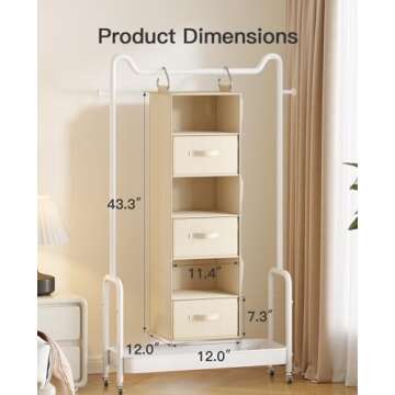 Pipishell Hanging Closet Organizer 6-Shelf, Hanging Shelves for Closet with 3 Removable Drawers & Side Pockets, Hanging Shelf Organizer for Bedroom or Garment Rack, 12'' x 12'' x 43.3'', Beige