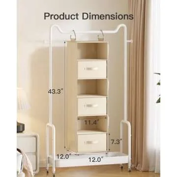 Pipishell Hanging Closet Organizer 6-Shelf, Hanging Shelves for Closet with 3 Removable Drawers & Side Pockets, Hanging Shelf Organizer for Bedroom or Garment Rack, 12'' x 12'' x 43.3'', Beige