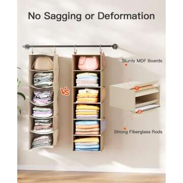 Pipishell Hanging Closet Organizer 6-Shelf, Hanging Shelves for Closet with 3 Removable Drawers & Side Pockets, Hanging Shelf Organizer for Bedroom or Garment Rack, 12'' x 12'' x 43.3'', Beige