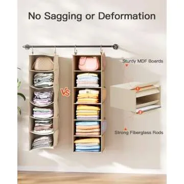 Pipishell Hanging Closet Organizer 6-Shelf, Hanging Shelves for Closet with 3 Removable Drawers & Side Pockets, Hanging Shelf Organizer for Bedroom or Garment Rack, 12'' x 12'' x 43.3'', Beige