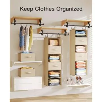 Pipishell Hanging Closet Organizer 6-Shelf, Hanging Shelves for Closet with 3 Removable Drawers & Side Pockets, Hanging Shelf Organizer for Bedroom or Garment Rack, 12'' x 12'' x 43.3'', Beige